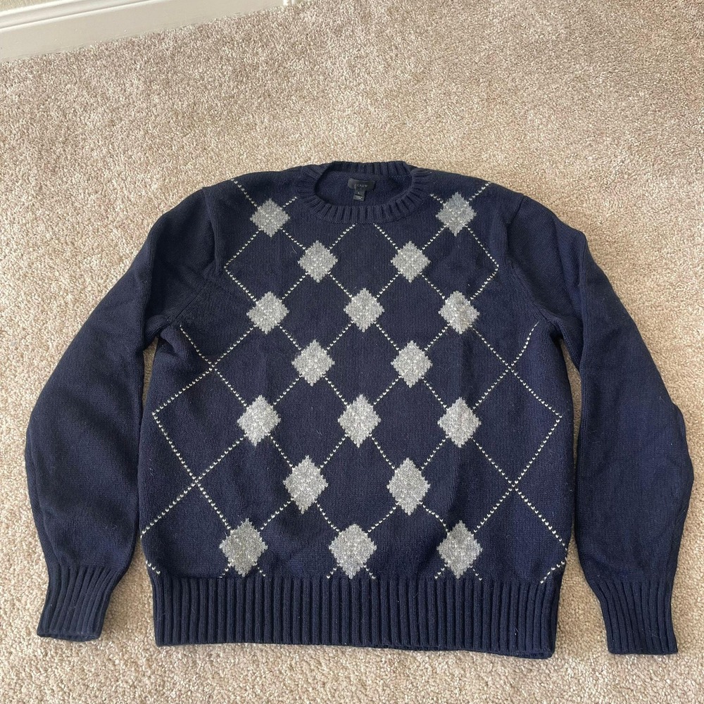 J Crew Mens Lambswool Argyle Crewneck Sweater Navy Gray Size L